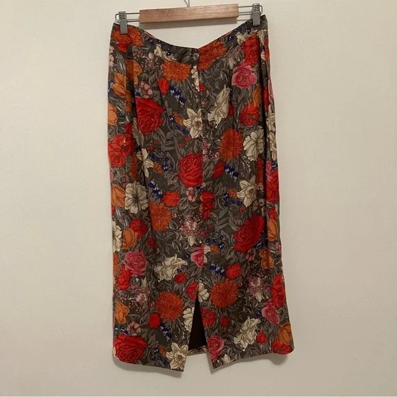 VTG Talbots Long Linen Skirt Sz.12 Green Floral Lined Cottagecore Pockets - Picture 4 of 8